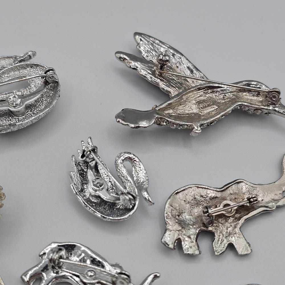 Vtg Lot Silver Tone Black Rhinestone Animal Brooch Figural Elephants Birds Koala - Picture 14 of 16